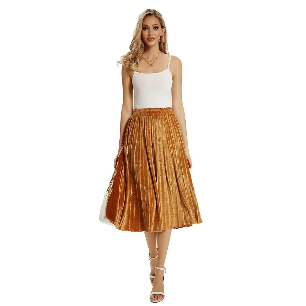 TONCHENGSD Women's Gold Velvet High Waist Flared Skirt Pleated Midi Light L